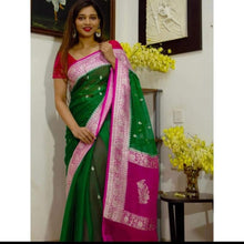 Load image into Gallery viewer, Dark Green and Red Pure Khaddi Chiffon sarees
