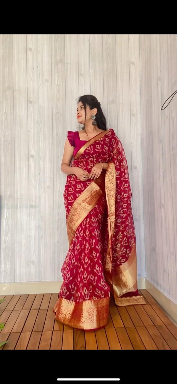 Marron Ikkat Print Kanchi Organza saree