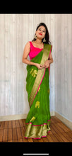 Load image into Gallery viewer, Parrot green and Pink Pure Kora organza sarees
