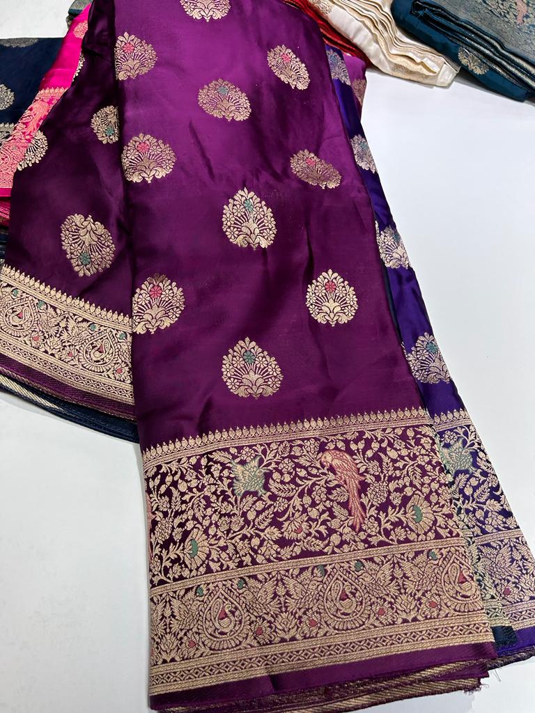 Wine Meenakri Banarasi satin sarees