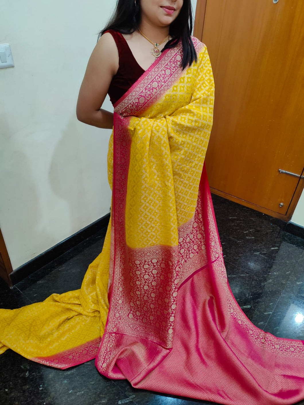 Masturd Yellow and Red Chex Semi Georgette sarees