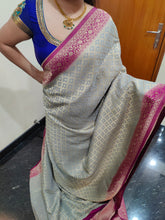 Load image into Gallery viewer, Grey n pink Chex Semi Georgette sarees
