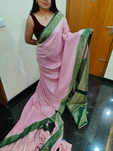 Load image into Gallery viewer, Baby pink and dark green Chex Semi Georgette sarees
