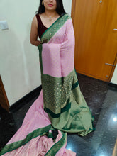 Load image into Gallery viewer, Baby pink and dark green Chex Semi Georgette sarees
