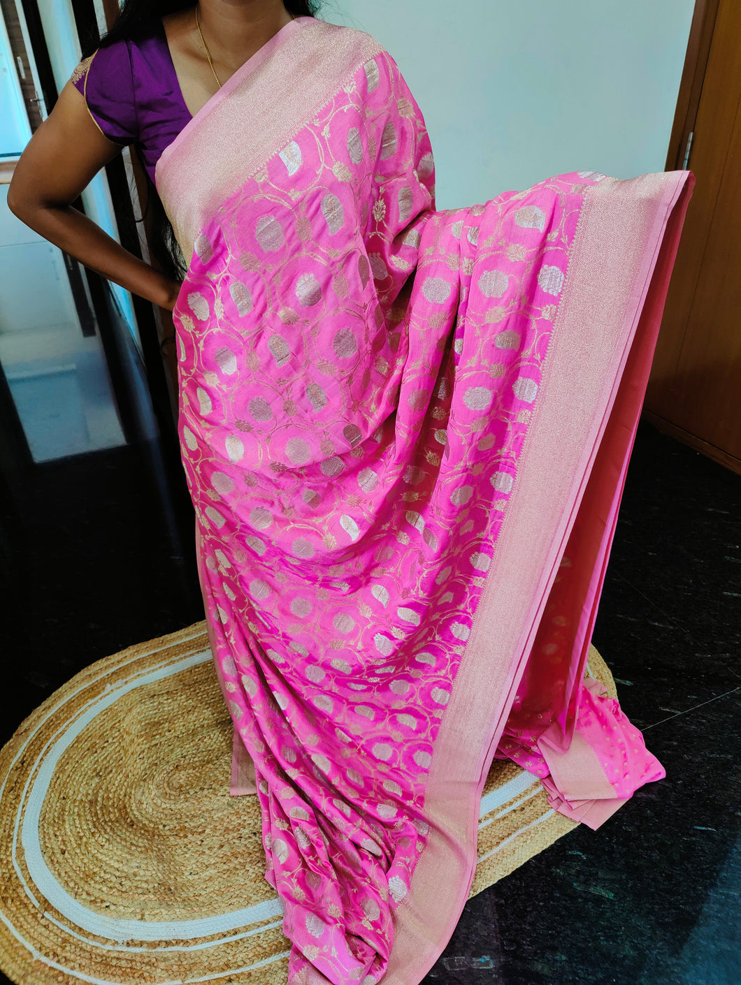 Baby Pink Designer Jaal Crepe Georgette Saree