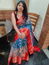 Load image into Gallery viewer, Stal blue and red Kalamkari chanderi silk sarees
