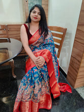 Load image into Gallery viewer, Stal blue and red Kalamkari chanderi silk sarees
