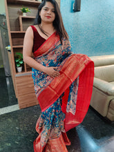 Load image into Gallery viewer, Stal blue and red Kalamkari chanderi silk sarees
