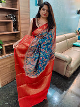 Load image into Gallery viewer, Stal blue and red Kalamkari chanderi silk sarees
