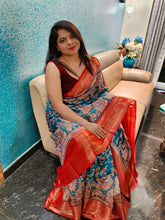 Load image into Gallery viewer, Stal blue and red Kalamkari chanderi silk sarees
