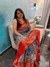 Load image into Gallery viewer, Stal blue and red Kalamkari chanderi silk sarees
