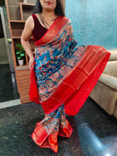 Load image into Gallery viewer, Stal blue and red Kalamkari chanderi silk sarees
