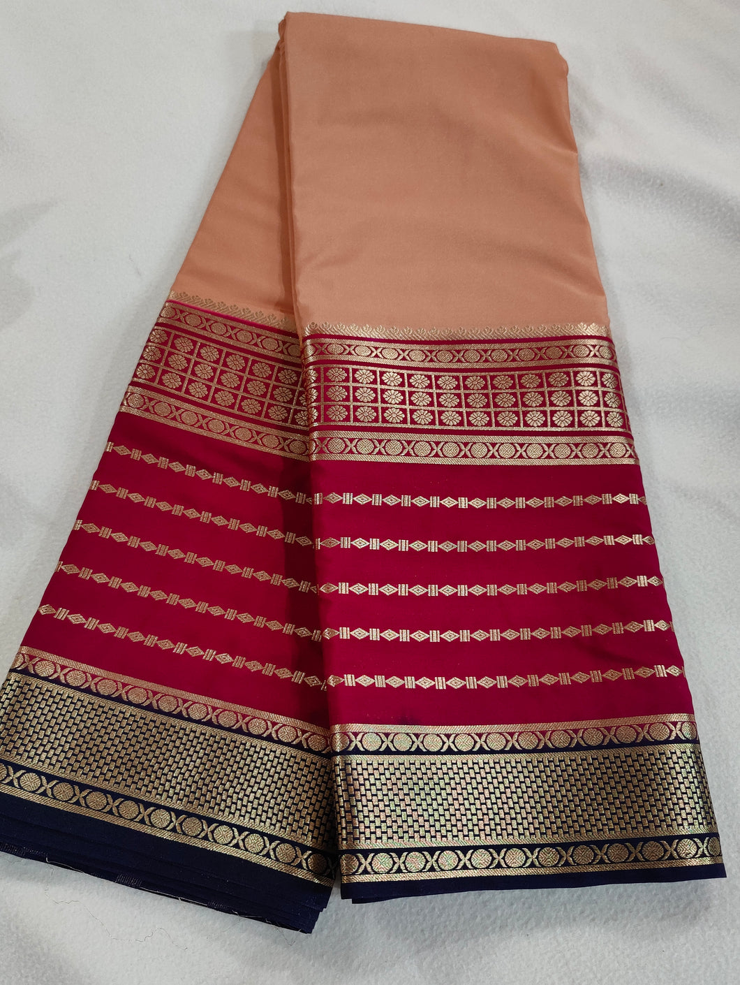 Light brown with maroon and newy Blue  3D Semi Mysore Silk sarees