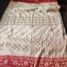 Load image into Gallery viewer, Cream and Maroon Designer soft silk saree
