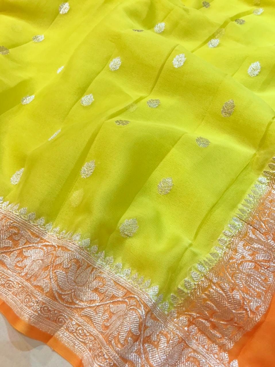 Lemon Yellow and orange  Pure Khaddi Chiffon sarees