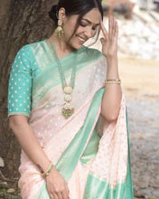 Load image into Gallery viewer, Peach and Green Designer soft Georgette Silk sarees
