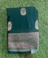 Load image into Gallery viewer, Bottle Green Designer Crepe Georgette Buttas sarees
