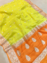 Load image into Gallery viewer, Lemon Yellow and orange  Pure Khaddi Chiffon sarees
