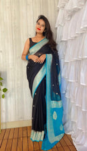 Load image into Gallery viewer, Black and blue Pure Khaddi Chiffon sarees
