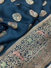 Load image into Gallery viewer, Ink Blue  Meenakri Banarasi satin sarees
