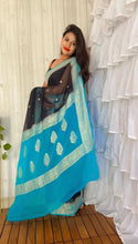 Load image into Gallery viewer, Black and blue Pure Khaddi Chiffon sarees
