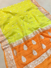 Load image into Gallery viewer, Lemon Yellow and orange  Pure Khaddi Chiffon sarees
