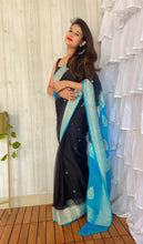 Load image into Gallery viewer, Black and blue Pure Khaddi Chiffon sarees
