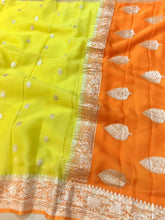 Load image into Gallery viewer, Lemon Yellow and orange  Pure Khaddi Chiffon sarees
